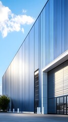 A modern warehouse with blue walls and a light gray roof, set against the backdrop of clear skies in an empty parking lot
