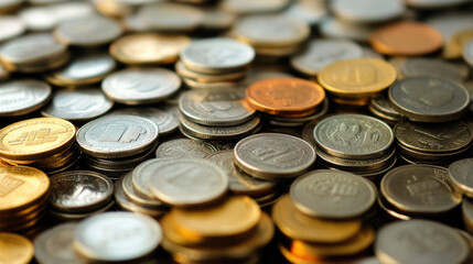 close up view of various coins scattered on surface, showcasing different denominations and colors. image captures texture and shine of coins, evoking sense of wealth and currency