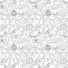Seamless christmas pattern. New year background. Doodle illustration with christmas icons