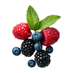 Sweet Ripe Berries Mixed on Isolated Transparent Background, Blue Berries, Raspberries, Black Berries, with Green Mint Leaf