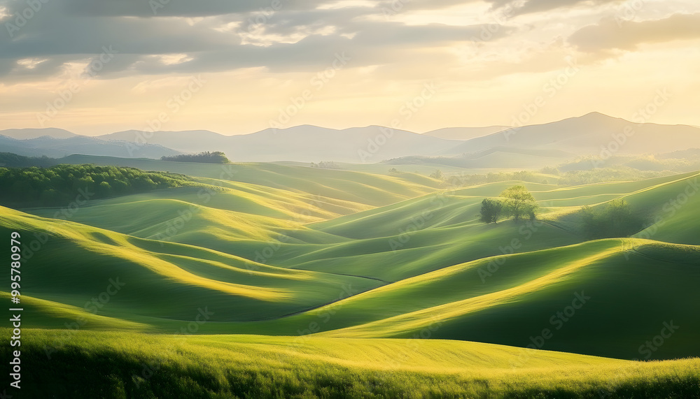 Wall mural gentle brush strokes in adobe and green with rolling hills and ambient light