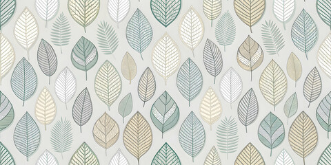 Serene Leaf Pattern: A gentle, calming repeat pattern of stylized leaves in soft teal, beige, and grey hues. Perfect for backgrounds, textiles.