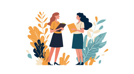 vector two women with folders in their hands discussing graphs on a white background .Generative AI