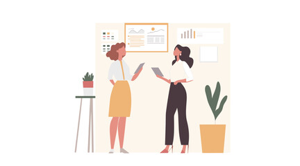 vector two women with folders in their hands discussing graphs on a white background .Generative AI