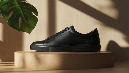 black leather sneakers mockup on podium with green leaf against light wall with shadows