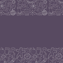 Seamless christmas frame. New year background. Doodle illustration with christmas and new year icons