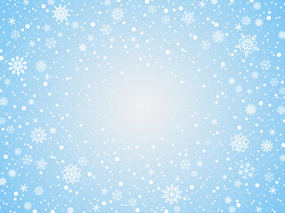 Horizontal banner with Christmas symbols on a blue background. Snowy winter design. White falling snowflakes, abstract landscape. Cold weather effect. 
