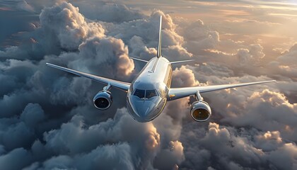 Commercial airplane jetliner flying above dramatic clouds.
