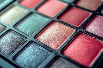 Fototapeta premium Professional eyeshadow palette featuring a range of shimmer and matte shades in red pink and green tones offering bold color options for creative makeup looks