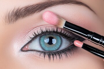 Naklejka premium Close up of soft pink eyeshadow applied to an eyelid with a precision makeup brush perfect for creating a subtle romantic beauty look in professional photo shoots
