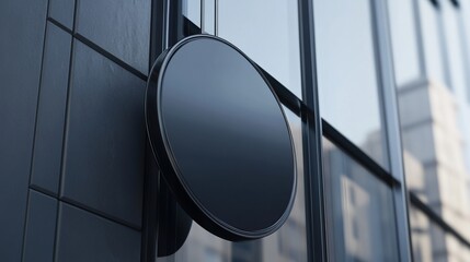 A circular, black sign mounted on a glass building facade.