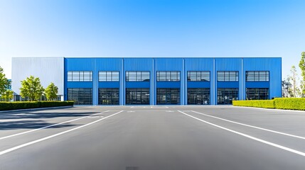 A modern warehouse with blue walls and a light gray roof, set against the backdrop of clear skies in an empty parking lot