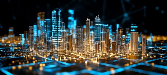 A holographic city planner tool showing buildings rising and falling in a virtual cityscape 