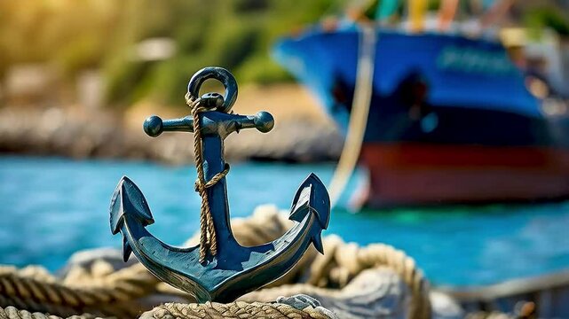 A close-up of  an anchor  with  a large ship in the background 