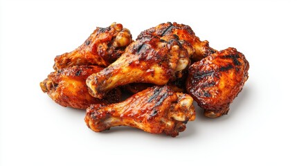 Grilled chicken drumsticks piled on a white isolate background.