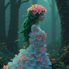 A fantasy illustration of a beautiful woman with long wavy hair, wearing a dress made of leaves and flowers, standing in an enchanted forest with soft green lighting.
