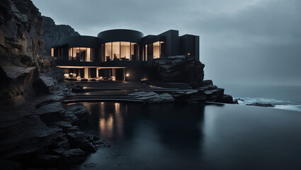 A dark, modern house built into a rocky cliff overlooking a calm ocean. Lights are visible inside.