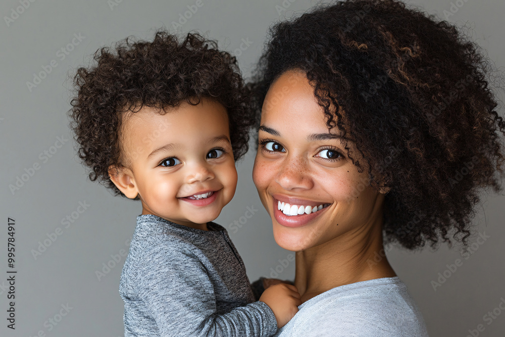 Wall mural mixed racial young mother and cute daughter smiling and interacting in front of a plain background, 