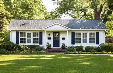 Fototapeta premium A classic white bungalow with navy blue shutters, set in an elegant suburban neighborhood, surrounded by lush green grass and trees.