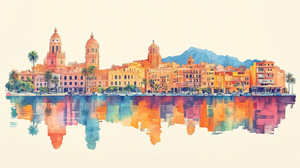 Obraz premium Mlaga, Spain, color pen pencil hand-drawn effect drawing illustration for travel poster, card, wallpaper, backdrop or banner. Modern, clear, artistic and simple