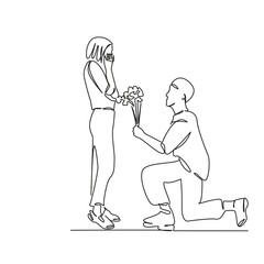 One continuous single drawing line art flat doodle giving, kneeling, people, adult, flower, love - emotion, horizontal, men, two people. Isolated image hand draw contour on a white background