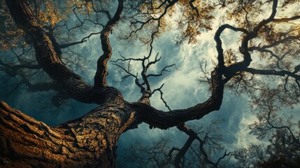 A Low Angle View of a Large Oak Tree with Its Branches Reaching Upward Towards a Cloudy Sky