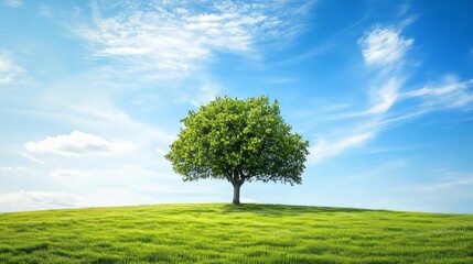 Obraz premium Lush Green Tree in Picturesque Countryside Meadow under Bright Blue Sky with Fluffy Clouds