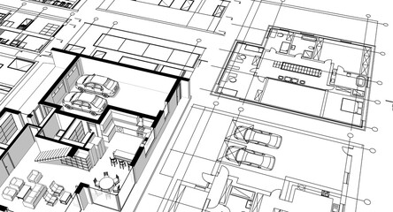 house architectural project sketch 3d illustration