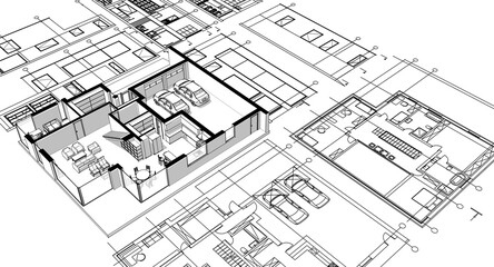 house architectural project sketch 3d illustration
