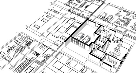 house architectural project sketch 3d illustration