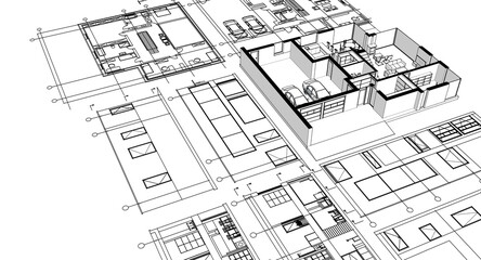 house architectural project sketch 3d illustration