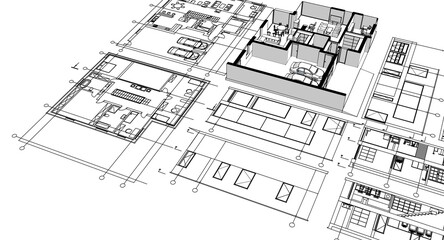house architectural project sketch 3d illustration