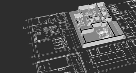 house architectural project sketch 3d illustration