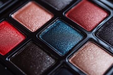 Fototapeta premium Compact eyeshadow palette with shimmer and matte finishes in shades of red blue and bronze ideal for creating bold beauty looks and high end makeup styling