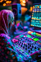 Obraz premium Indian Sikh Woman Hosting a Live Show in a Vibrant Studio, Working on a Music Mixer with Headphones