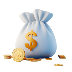 3d cartoon design illustration of Money bag and dollar coin, Money savings concept.