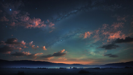 A dark, starry night sky with pink and orange clouds over a dark landscape.