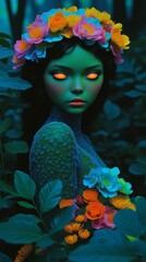 A fantasy illustration of a beautiful woman with long wavy hair, wearing a dress made of leaves and flowers, standing in an enchanted forest with soft green lighting.

