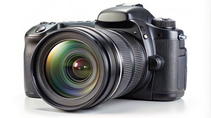 Modern professional digital camera with a big lens is standing on a white background