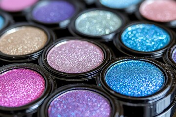 Naklejka premium Shimmer eyeshadow pans in pastel shades of pink purple and blue ideal for creating vibrant high impact beauty looks and glamorous makeup applications