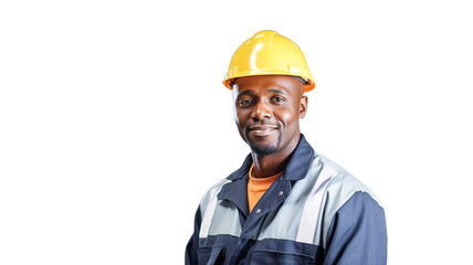 Construction African American worker man with helmet looking at camera on transparent background PNG.
