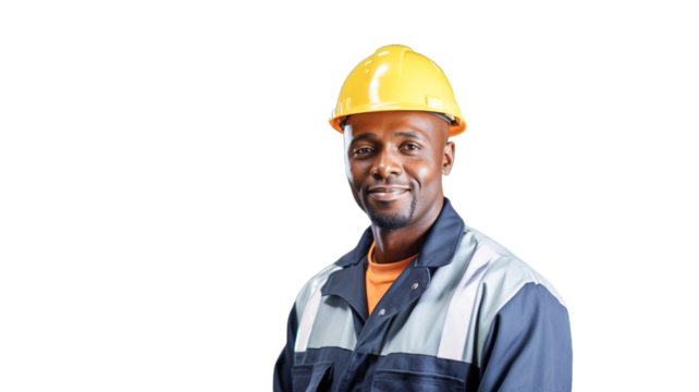 Construction African American worker man with helmet looking at camera on transparent background PNG.
