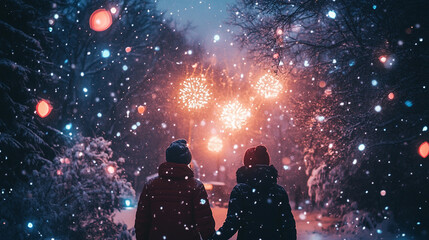 A romantic winter scene with a couple holding hands amidst falling snow and vibrant fireworks lighting up the night sky.