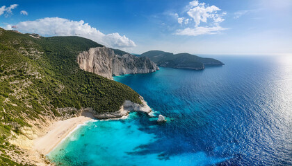 Obraz premium Aerial view of vibrant turquoise waters nestled between steep rocky cliffs, greenery and sandy beach