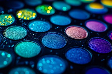 Multi colored eyeshadow palette with circular pans in blue green and purple illuminated by vibrant lighting ideal for bold and creative makeup looks