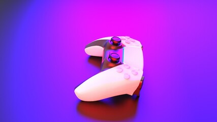Modern white gamepad illuminated in red and blue. Game controller for video games and e-sports on a dark back © Pikpexel