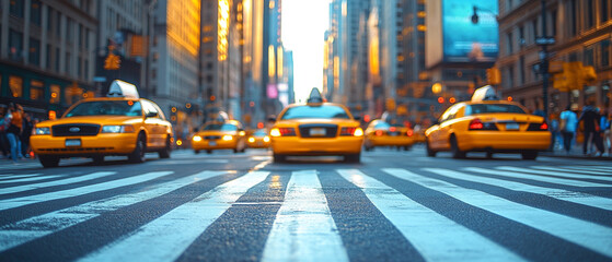 A vibrant scene of yellow taxis navigating a busy city street bathed in golden sunlight, capturing...