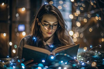 The atmosphere of a New Year's fairy tale and magic. A beautiful, young girl with glasses is reading a book. Magic lights twinkle around her.