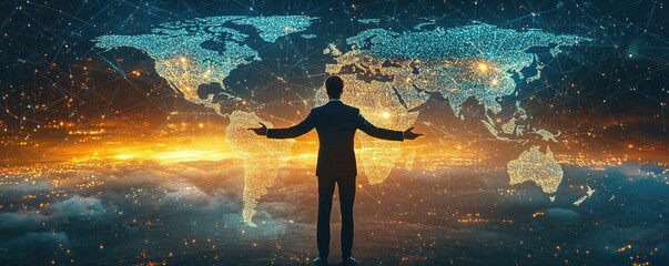 Businessman overlooking a digital world map at sunset