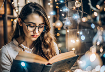 The atmosphere of a New Year's fairy tale and magic. A beautiful, young girl with glasses is reading a book. Magic lights twinkle around her.